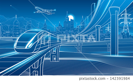 Futuristic high speed train traveling through a modern smart city with elevated railway, urban skyline, power lines, wind turbines and airplane. Technology illustration representing future transport Futuristic high speed train traveling through a modern smart city with elevated railway, urban skyline, power lines, wind turbines and airplane. Technology illustration representing future transport 142391984