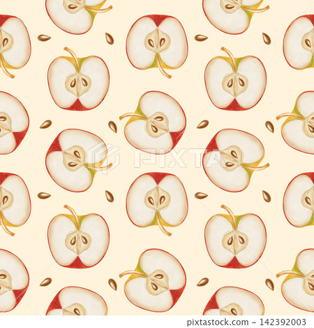 Hand drawn watercolor seamless pattern with apple slices, seeds, and tree branches. Botanical fruit illustration for kitchen textile, food packaging, fabric, print design. Hand drawn watercolor seamless pattern with apple slices, seeds, and tree branches. Botanical fruit illustration for kitchen textile, food packaging, fabric, print design. 142392003