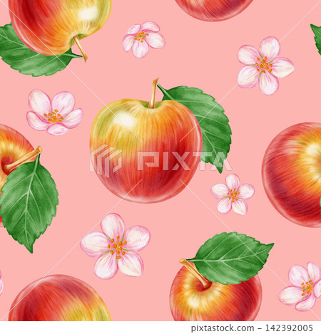 Seamless pattern of hand drawn watercolor red apples with green leaves and delicate flowers. Botanical fruit illustration for textile, food packaging, fabric, print design. 142392005