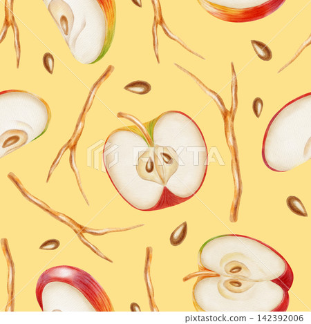 Hand drawn watercolor seamless pattern with apple slices, seeds, and tree branches. Botanical fruit illustration for kitchen textile, food packaging, fabric, print design. 142392006