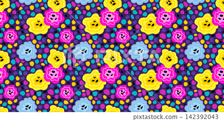 Cute simple seamless pattern with hand drawn multicolor dots and poppies. Abstract background in scandinavian style. Vector bright illustration for kids room wallpaper, fabric, textile, wrapping, web Cute simple seamless pattern with hand drawn multicolor dots and poppies. Abstract background in scandinavian style. Vector bright illustration for kids room wallpaper, fabric, textile, wrapping, web 142392043