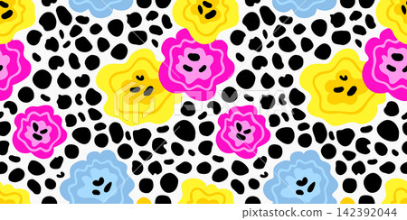Cute simple seamless pattern with hand drawn multicolor dots and poppies. Abstract background in scandinavian style. Vector bright illustration for kids room wallpaper, fabric, textile, wrapping, web Cute simple seamless pattern with hand drawn multicolor dots and poppies. Abstract background in scandinavian style. Vector bright illustration for kids room wallpaper, fabric, textile, wrapping, web 142392044