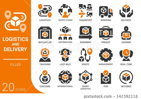logistics and delivery filled glyph icon set,20 vector icons 142392118