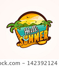 Hello summer typography lettering illustration with tropical beach elements 142392124