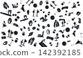Stylized objects related to a gym and a healthy lifestyle, such as a barbell, treadmill, bicycle, and so on, 3d render 142392185