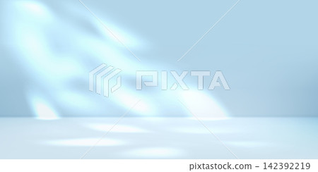 Blue 3d limbo studio background, light room floor backdrop. Abstract soft bg with sun spots and plant shadow gobo. Plain wall stage, elegant empty podium platform. Base luxury scene, summer sunlight Blue 3d limbo studio background, light room floor backdrop. Abstract soft bg with sun spots and plant shadow gobo. Plain wall stage, elegant empty podium platform. Base luxury scene, summer sunlight 142392219