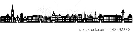 Town skyline silhouette. Small city houses, factory buildings, old church roofs, simple residental neighborhood vector flat scene. Town skyline silhouette. Small city houses, factory buildings, old church roofs, simple residental neighborhood vector flat scene. 142392220