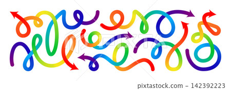 Abstract line shape color gradient arrows. 3d curve wave pattern, happy birthday fluid confetti. Liquid paint spiral swirl squiggle path, dynamic stroke, fun kid trendy ribbon. Carnival celebrate flow Abstract line shape color gradient arrows. 3d curve wave pattern, happy birthday fluid confetti. Liquid paint spiral swirl squiggle path, dynamic stroke, fun kid trendy ribbon. Carnival celebrate flow 142392223