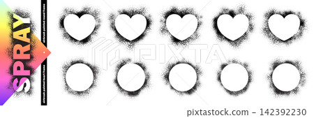 Spray stencil circle for heart frame background with paint splash ring. Vector round frame, graffiti text frame and grunge brush shape. Borderline ink for love with airbrush smear, can splash dots 142392230