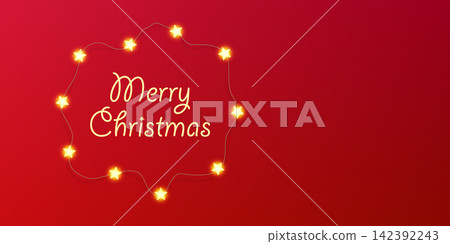 Star light garland wreath, fairy bulbs vector holiday card. Merry Christmas typography in shiny border. Wired lamps shine around text, glitter ribbon ornament. Bright warm lightbulbs, chain flatlay Star light garland wreath, fairy bulbs vector holiday card. Merry Christmas typography in shiny border. Wired lamps shine around text, glitter ribbon ornament. Bright warm lightbulbs, chain flatlay 142392243
