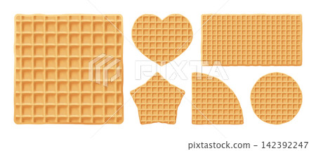 Wafer square creamy biscuit and star cake, sweet crispy rectangle waffel. Waffle texture and ice-cream cone cookie, 3d vector pattern. Round belgian dessert, triangle shape realistic bakery macro Wafer square creamy biscuit and star cake, sweet crispy rectangle waffel. Waffle texture and ice-cream cone cookie, 3d vector pattern. Round belgian dessert, triangle shape realistic bakery macro 142392247