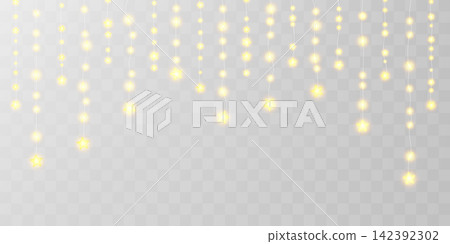 Light bulbs curtain, star festoon header. Fairy garland hanging strings. Christmas decoration png, holiday lamp ball, gold glitter festive pattern. 3d wire wedding party ornament, warm bokeh frame. 142392302