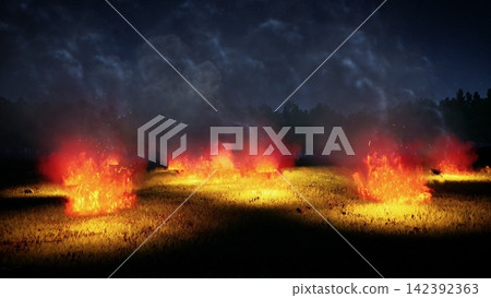 burning natural grass field at night, 3d rendering 142392363