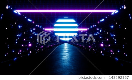 dark neon light cyber city 3d rendering dark neon light cyber city 3d rendering 142392367
