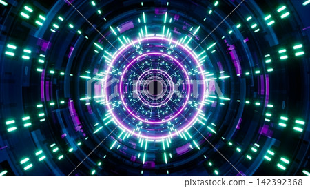 Dashed Line pattern neon light cyber tunnel passage 142392368