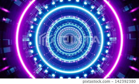 Futuristic cyber internet tunnel decorated with multiple neon lights Futuristic cyber internet tunnel decorated with multiple neon lights 142392380
