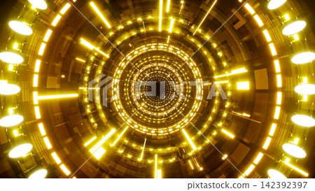 Gold light cyber tunnel with flying electronic data 142392397