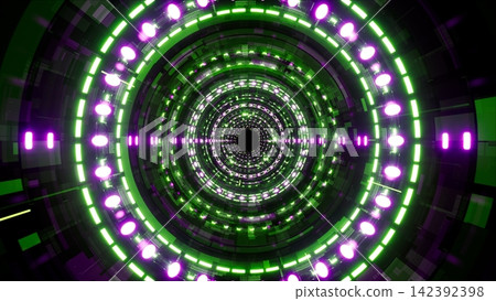 Green futuristic cyber tunnel with glowing purple lights Green futuristic cyber tunnel with glowing purple lights 142392398