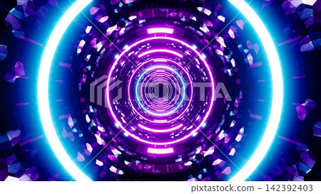 Mosaic pattern neon tunnel with glowing circle lights 142392403