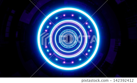 Neon light inside dark cyber pattern tunnel Neon light inside dark cyber pattern tunnel 142392412