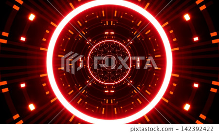 Red circle light inside infinity geometric dot pattern tunnel Red circle light inside infinity geometric dot pattern tunnel 142392422