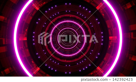 Red cyber tunnel decorated with glowing purple lights Red cyber tunnel decorated with glowing purple lights 142392423
