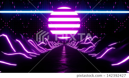 Retro Vaporwave Neon Sunrise Lightway 3d rendering Retro Vaporwave Neon Sunrise Lightway 3d rendering 142392427