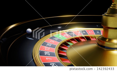 A white ball rolling over a black and gold roulette wheel 3d rendering A white ball rolling over a black and gold roulette wheel 3d rendering 142392433