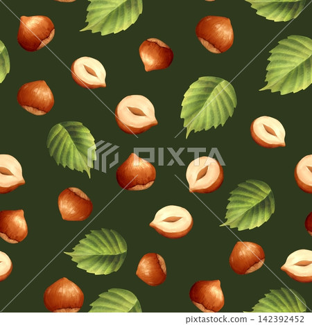 Hand-drawn seamless pattern with hazelnuts and leaves on a dark green background Hand-drawn seamless pattern with hazelnuts and leaves on a dark green background 142392452
