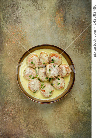 chicken meatballs, in cream sauce, garnished with parmesan cheese, and microgreens, homemade, no people, 142392486