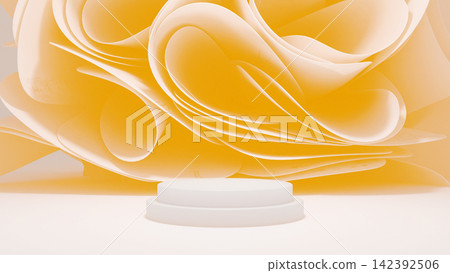 Luxury podium showcase set against a beautiful backdrop of soft undulating textile drapery. Luxury podium showcase set against a beautiful backdrop of soft undulating textile drapery. 142392506