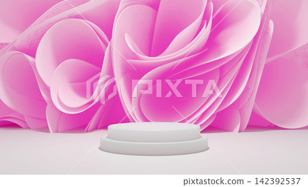 Minimalist product display podium on an abstract background of smooth wavy fabric. Minimalist product display podium on an abstract background of smooth wavy fabric. 142392537