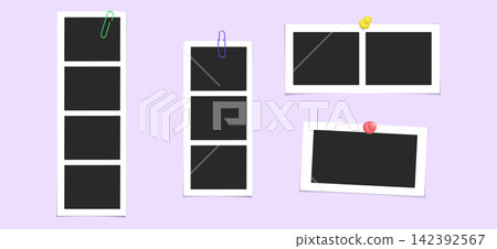 Four slot picture frame template for photo collages. Retro album mockup with paper borders and tape, ideal for vintage scrapbook designs and gallery walls. Four slot picture frame template for photo collages. Retro album mockup with paper borders and tape, ideal for vintage scrapbook designs and gallery walls. 142392567