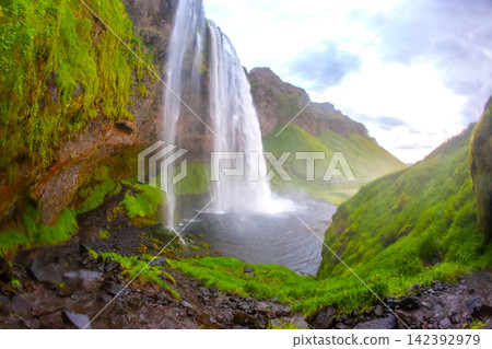 Seljalandsfoss waterfall in Iceland with green hills and flowing water during daylight Seljalandsfoss waterfall in Iceland with green hills and flowing water during daylight 142392979