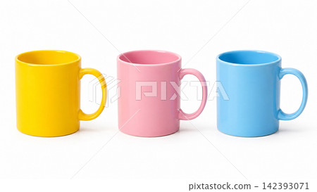 Three Colorful Coffee Mugs Isolated on White Background Three Colorful Coffee Mugs Isolated on White Background 142393071