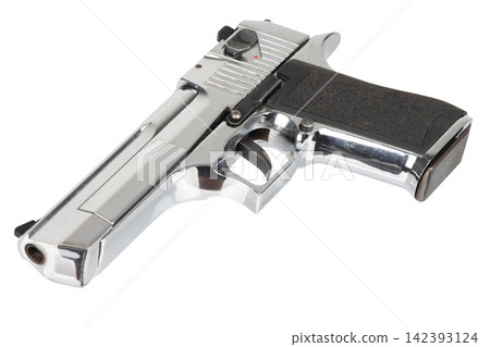 Desert Eagle Chrome Semi-Automatic Pistol Isolated on White Background Desert Eagle Chrome Semi-Automatic Pistol Isolated on White Background 142393124