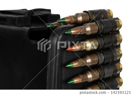 5.56 mm ammunition belt with cartridges in ammunition box 5.56 mm ammunition belt with cartridges in ammunition box 142393125