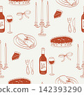 Whimsical hand-drawn Thanksgiving table setting pattern with pies, wine, candles, napkins, bows and cutlery in monochrome terracotta line art on a warm cream background. 142393290