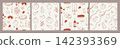Set of four whimsical Thanksgiving seamless patterns with turkey, pies, pumpkins, wine and autumn decor in monochrome terracotta line art, ideal for fabric, wallpaper, wrapping paper and packaging. 142393369