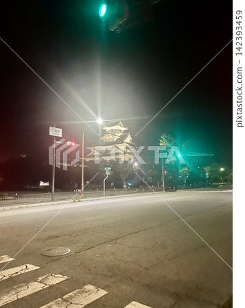 夜幕降臨,一座城堡燈火通明,在十字路口熠熠生輝。 夜幕降臨,一座城堡燈火通明,在十字路口熠熠生輝。 142393459