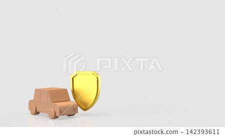 Wooden Toy Car Protected by Golden Shield 3d render. Wooden Toy Car Protected by Golden Shield 3d render. 142393611