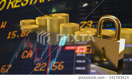 Golden Padlock Protecting Financial Investments 3d render. Golden Padlock Protecting Financial Investments 3d render. 142393624