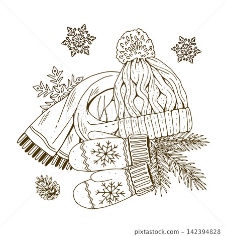 Winter Hat Scarf Mittens and Socks with Pine  142394828