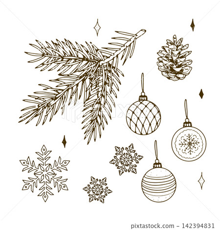 Pine Branch, Ornaments and Snowflakes Winter Pine Branch, Ornaments and Snowflakes Winter 142394831