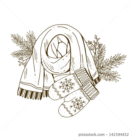 Winter Scarf Mittens and Pine Branches Winter Scarf Mittens and Pine Branches 142394832