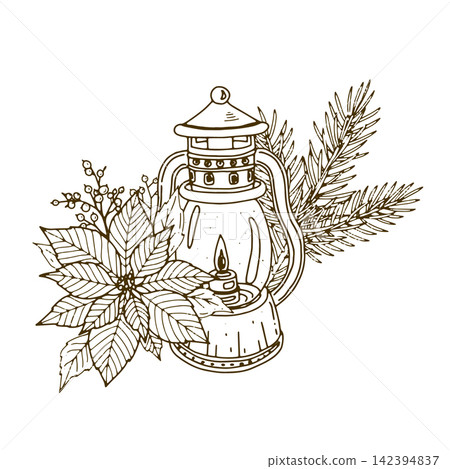 Christmas lantern with poinsettia and fir branches Christmas lantern with poinsettia and fir branches 142394837