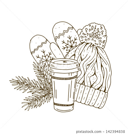 Winter hat mittens and travel cup 142394838