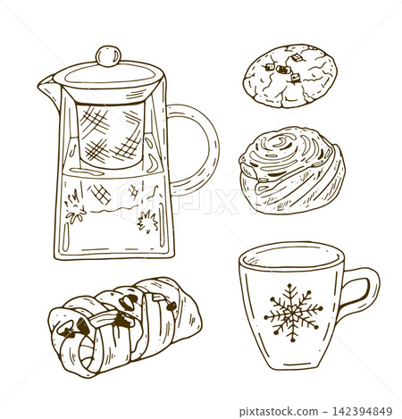 Tea Infuser and Pastries Illustration Set Tea Infuser and Pastries Illustration Set 142394849