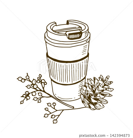 Travel cup with pine cone and winter branches Travel cup with pine cone and winter branches 142394873