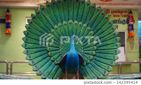 Colorful Peacock Sculpture Feathers Display in Temple Colorful Peacock Sculpture Feathers Display in Temple 142395414